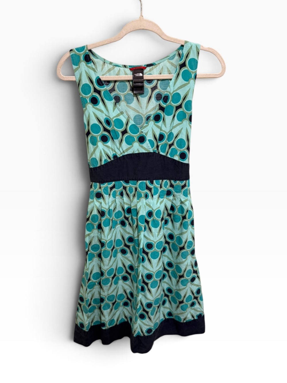 The North Face Aqua Green Print Sleeveless Dress Fit Flare Lyocell Linen Blend